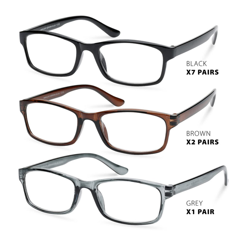 10 Pack Reading Glasses Women and Men, Spectacles Eyeglasses, Plastic Classic Style Black Frame, Inexpensive Value Readers, Multi Pack Set of Cheap Glasses for Reading (+2.50) +2.50 Magnification (Pack of 10) - BeesActive Australia