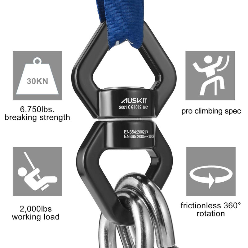 AusKit Swing Swivel, 30 KN Safest Rotational Device Hanging Accessory with Carabiners for Web Tree Swing, Therapy Swing, Aerial Dance, Swing Spinner Hanger, Rock Climbing, Hanging Hammocks Black - BeesActive Australia