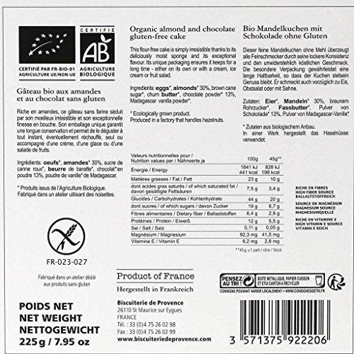 Biscuiterie De Provence, Organic Chocolate Almond Cake (Gluten-Free, Flourless), Ready to Eat, Made in France, 225 Grams (7.94 Ounces) Choc Almond - BeesActive Australia