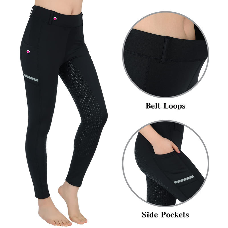 SPOEAR Horse Riding Pants Equestrian Girls Full Seat Silicone Breeches Kids Pull-On Horseback Riding Tights Pockets Black X-Small - BeesActive Australia