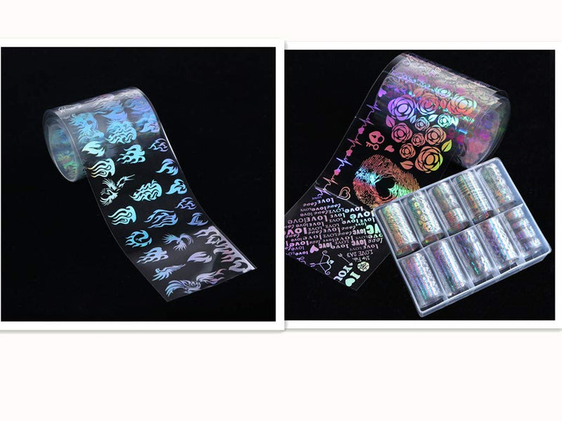 Valuu 10 Rolls Laser Flame Nail Art Foil Transfer Stickers Holographic Panda Lace Nail Foil Adhesive Decals Starry Sky Gradient Manicure Transfer Tips Nail Art DIY Decoration Kit - BeesActive Australia