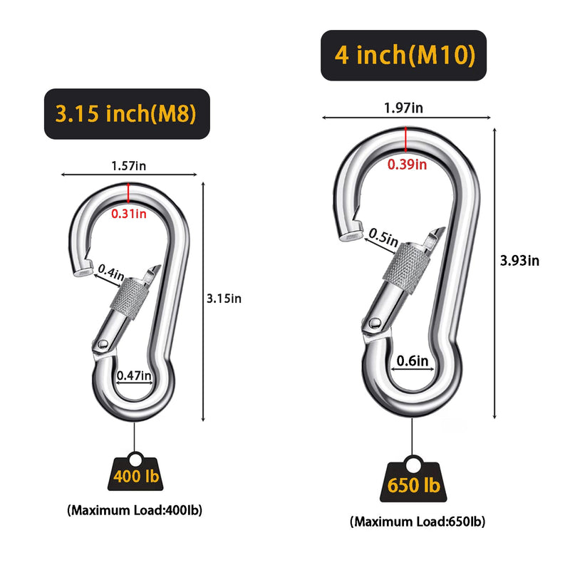 SpotDoo Locking Carabiner Clips, 304 Stainless Steel Heavy Duty Locking Carabiner Spring Snap Hook 3.15 Inch (M8) 6 - BeesActive Australia