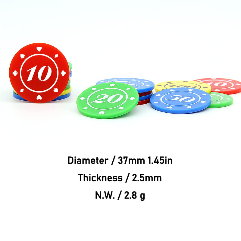 Nurlean 100 Plastic Poker Chips Set with Storage Box,Denomination Printed Casino Style Chip for Texas Holdem Home Game Nights,or Roulette Games,Casino Parties Small Face Value - BeesActive Australia