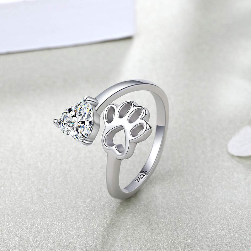 925-Sterling-Silver Paw-Print Love Heart Ring - Open Adjustable Love Dog Cat Claw Pet Loving Rings Pet Animal Jewelry for Friends, Families,dog lover and Pet Lovers gifts.(Heart CZ) - BeesActive Australia