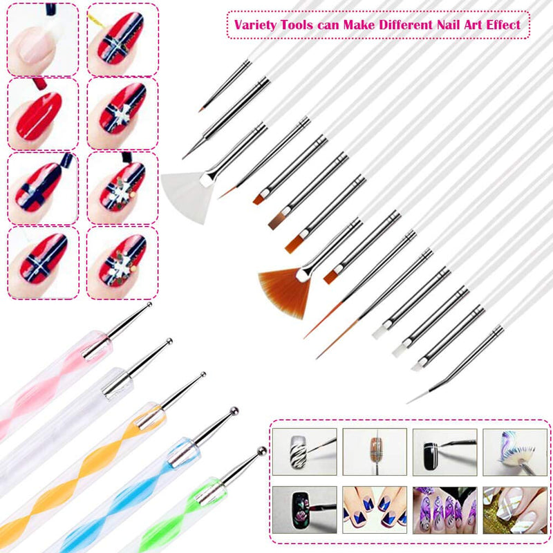 Anezus Nail Art Brushes Nail Art Painting Polish Design Tools Set with 15Pcs Nail Gel Brushes, 5Pcs Nail Dotting Pen, 30 Colors Nail Striping Tape and 36 Sheets Nail Stencils French Tip Guides Sticker - BeesActive Australia