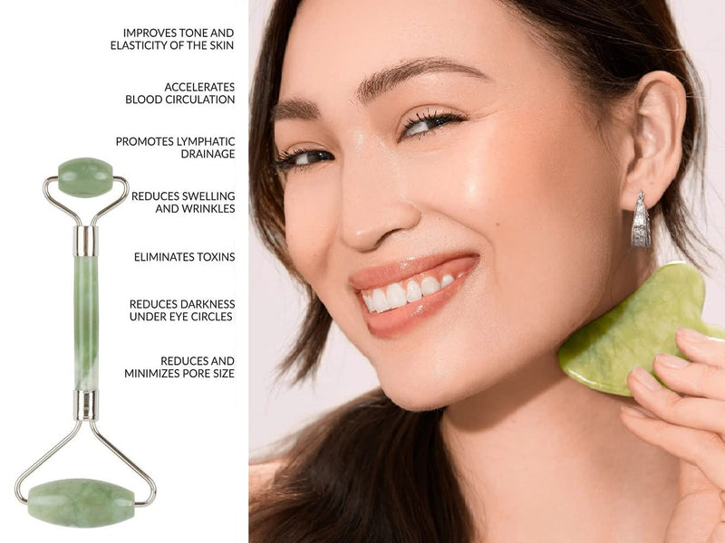 Gua Sha and Face Roller Set, Authentic Natural Jade Stone, Professional Tools for Skin Care Routine, Wrinkles Treatment Tools, Massager Tools for Face, Neck and Body Jade Roller & Gua sha Set - BeesActive Australia