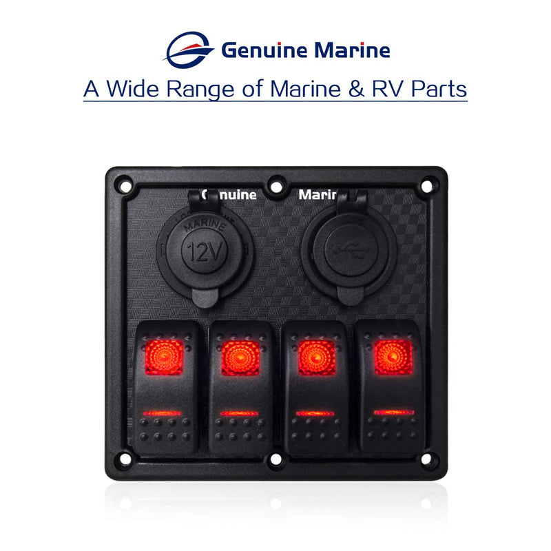 [AUSTRALIA] - 4 Gang 12/24V Rocker Switch Panel for RV Marine Car Vehicles Truck Boat Waterproof, Digital Voltmeter Display Dual USB Charger Port DC 12V Socket Red/Blue/Orange Lighted Ob-Off Switches with 15A Fuse 4 Red Gang Rocker Switch Panel-S0014R 