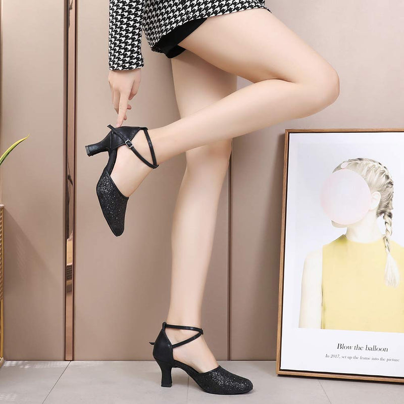 [AUSTRALIA] - SWDZM Women's Sequined Latin Dance Shoes/Ballroom Party Salsa Dance Shoes Model-MF1802 8.5 Black (Heel-7cm) 