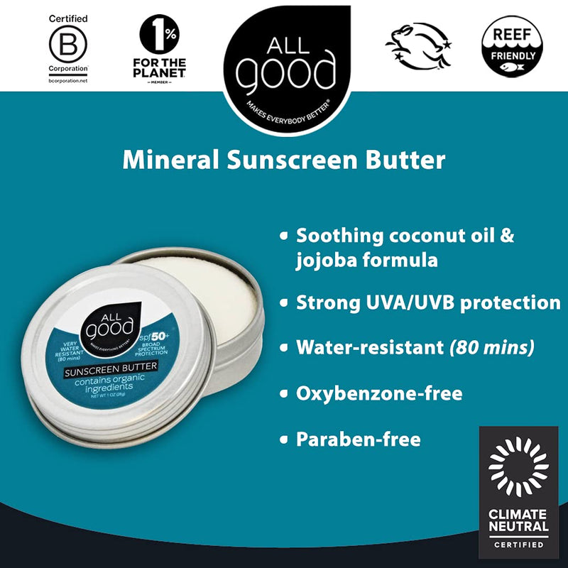 All Good Mineral Face Sunscreen Butter - UVA/UVB Broad Spectrum SPF 50+ Water Resistant, Coral Reef Friendly, Organic Ingredients - Zinc, Beeswax, Vitamin E, Coconut Oil (1 oz)(2-Pack) 1 Fl Oz (Pack of 2) - BeesActive Australia