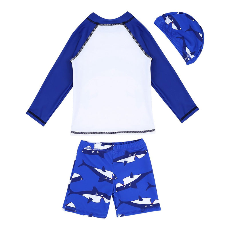 [AUSTRALIA] - dPois Kids Boys' Shark Printed Sun Protection Long Sleeves Rash Guard Swimsuits Swimwear with Cap 3PCS Set 5-6 