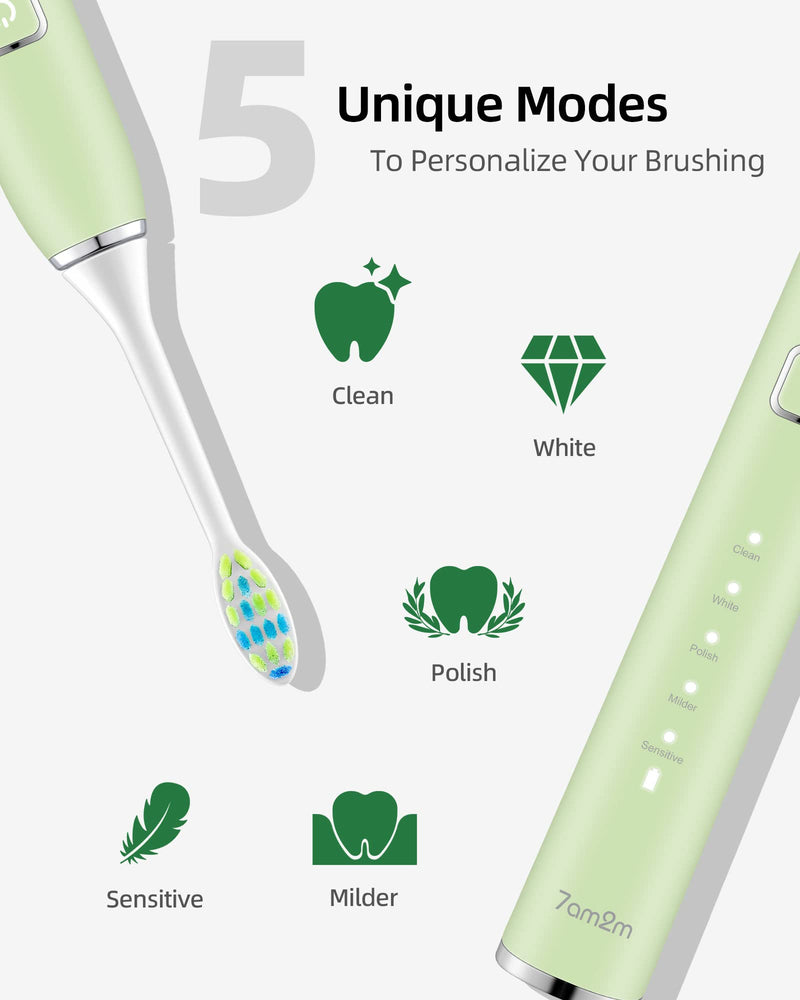 7am2m Sonic Electric Toothbrush with 6 Brush Heads for Adults and Kids, Wireless Fast Charge, One Charge for 60 Days,5 Modes with 2 Minutes Built in Smart Timer, Electric Toothbrushes(Green) No Travel Case Green - BeesActive Australia