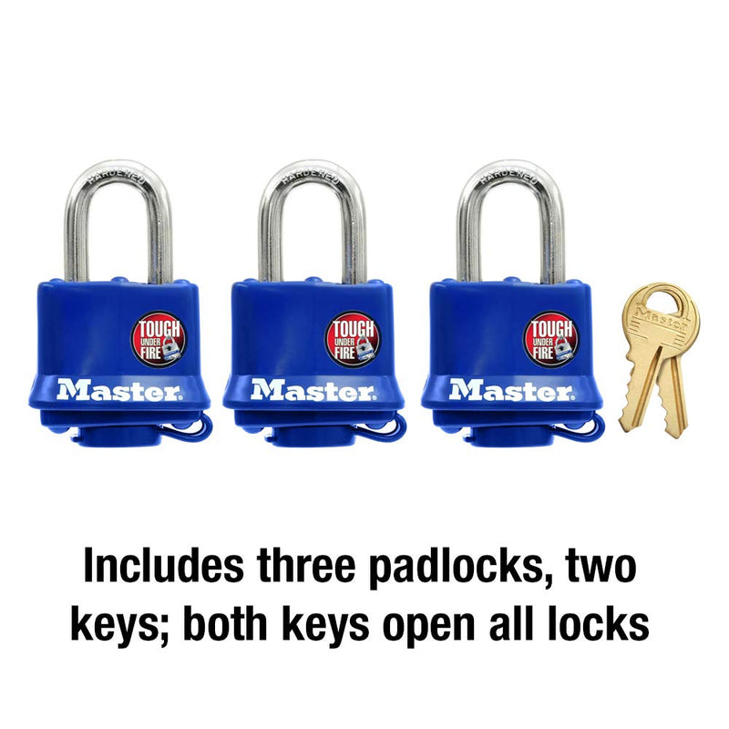 Master Lock 312TRI Laminated Padlock with Key & Thermoplastic Shell, Blue, Pack of 3 Keyed-Alike - BeesActive Australia