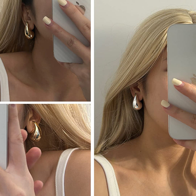 Apsvo Chunky Gold Hoop Earrings for Women, Dupes Earrings Lightweight Waterdrop Hollow Open Hoops, Hypoallergenic Gold Plated Earrings Fashion Jewelry for Women Girls silver - BeesActive Australia