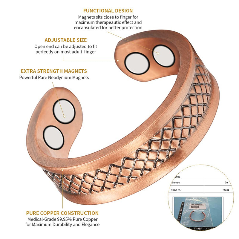 Grid Design Pure Copper Ring for Ladies, Magnetic Rings with 4 Magnets Adjustable Size, Gift for Mom Wife Girlfriend - BeesActive Australia