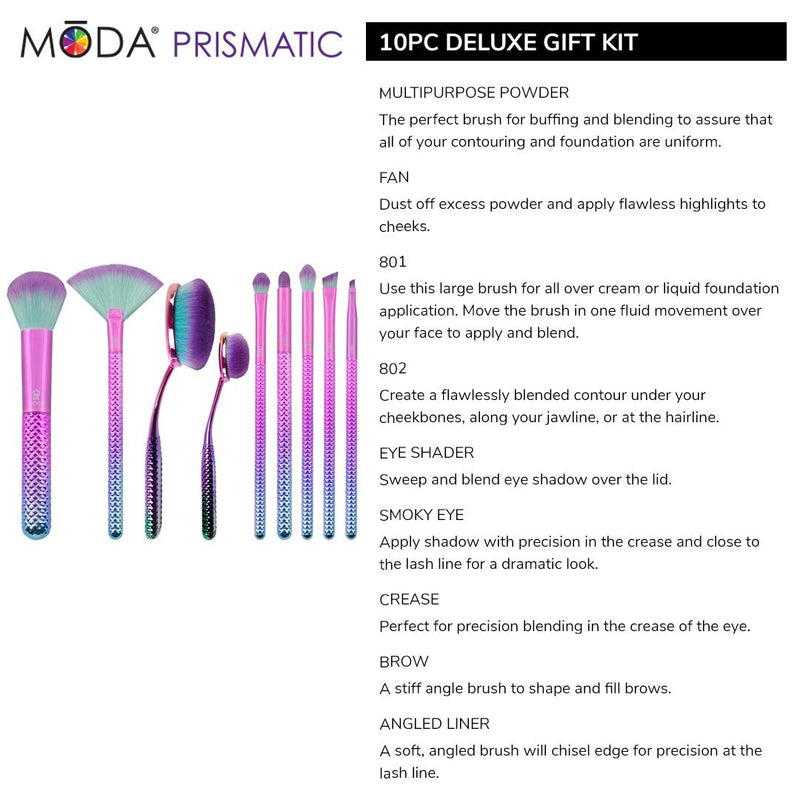 MODA Prismatic 10pc Full Size Deluxe Makeup Brush Set, Includes - Foundation, Contour, Multi-Purpose Powder, Fan, Eye Shader, Smoky Eye, Crease, Brow and Angle Eyeliner Brushes with Pouch - BeesActive Australia