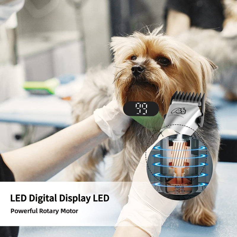 Pet Clippers Professional Dog Grooming kit Adjustable Low Noise High Power Rechargeable Cordless Pet Grooming Tools , Hair Trimmers for Dogs and Cats, Washable（IPX5), with LED Display. Frosted Silver - BeesActive Australia