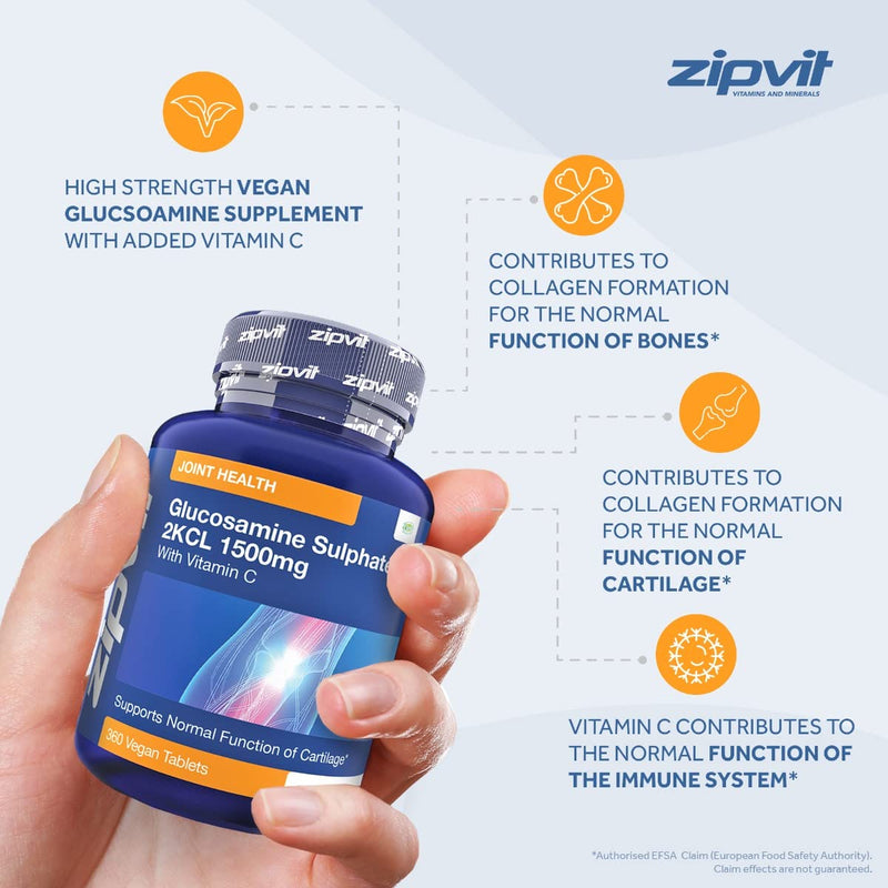 Glucosamine Sulphate 2kcl 1500mg with Vitamin C, 360 Vegan Glucosamine Sulphate Tablets. Maintains Normal Joint Cartilage. 12 Months Supply Glucosamine Sulphate 1500mg. UK Supplier. 1500mg Glucosamine 360 Tablets - BeesActive Australia