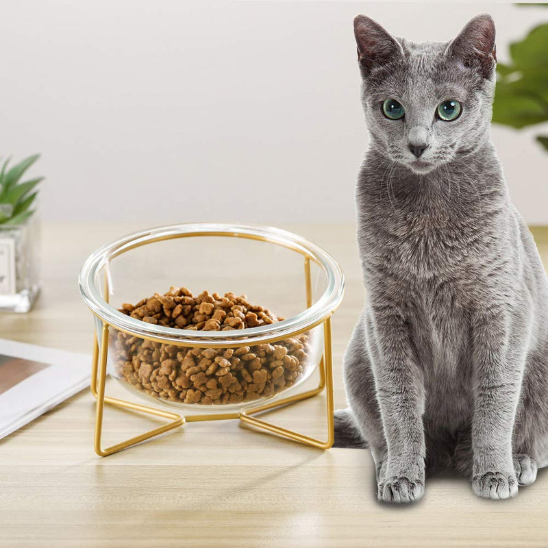 White Large Ceramic Tilted Elevated Cat Dog Bowl Raised Cat Food Water Bowl Dish Pet Comfort Feeding Bowls with Gold Iron Stand Small glass - BeesActive Australia