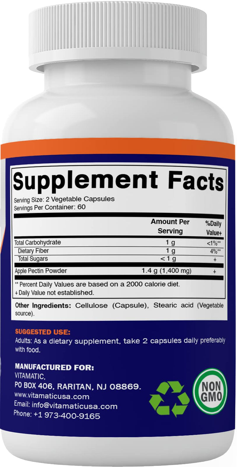 Vitamatic Apple Pectin 700 mg 120 Vegetarian Capsules - Dietary Fiber - Promotes Healthy Intestinal Health* - BeesActive Australia