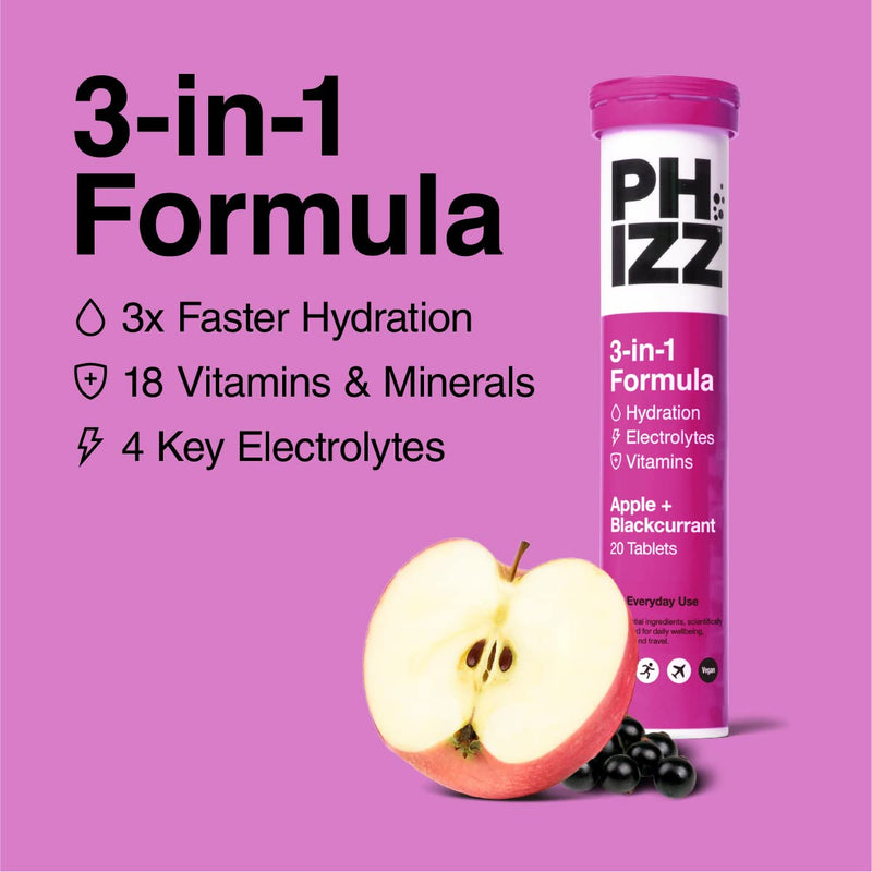Phizz Electrolytes, Multivitamin & Hydration Tablets - 20 Effervescent Rehydration Tablets - 18 Vitamins & Minerals, Vitamin C, Vegan, Vegetarian & Low Calorie Apple & Blackcurrant 20 Count (Pack of 1) - BeesActive Australia