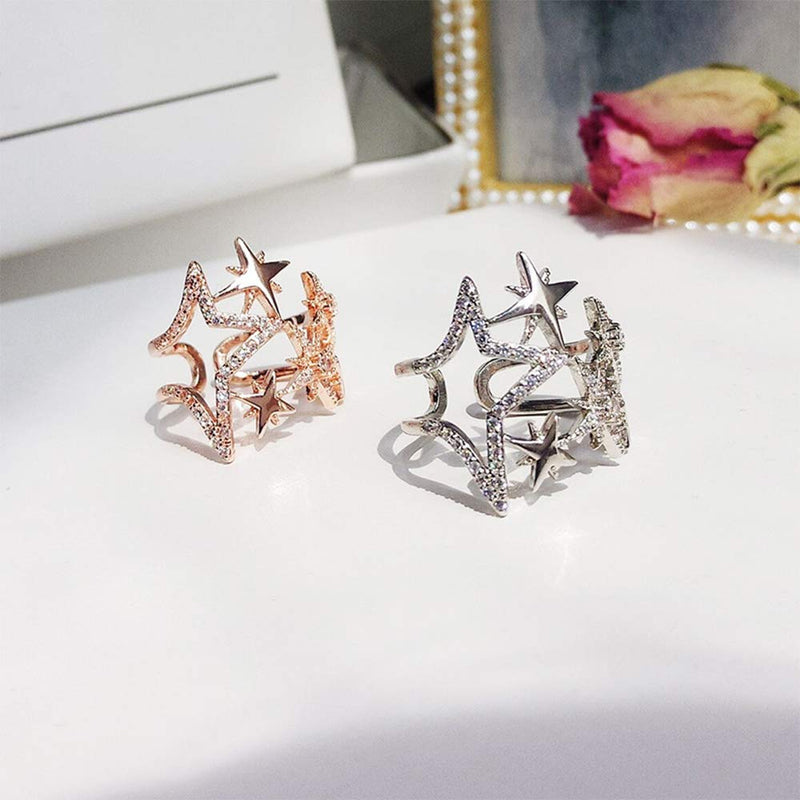 Aimimier Cubic Zirconia Star Ring Sparkling Hollow Crystal Star Index Joint Knuckle Ring Wedding Jewelry for Women and Girls (Silver) Silver - BeesActive Australia