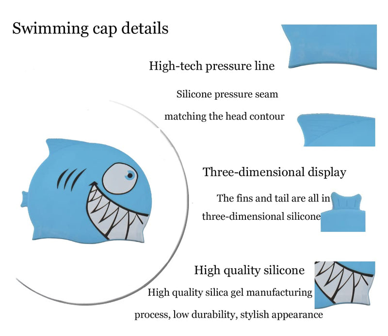 Ancaiqi Kids Swim Cap, Silicone Swimming Cap for Girls Boys Kids, Bathing Cap Waterproof Fish and Shark with Nose Clip Earplugs for Long and Short Hair Sky Blue - BeesActive Australia