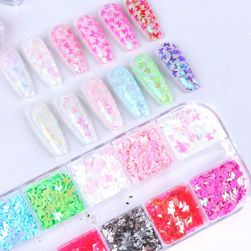 3D Butterfly Nail Glitter Sequins Laser Butterfly Nail Art Stickers Decals Butterfly Nail Sequin Acrylic Paillettes Holographic Nail Sparkle Glitter Butterfly for Nails Art Decoration (12 Colors) - BeesActive Australia