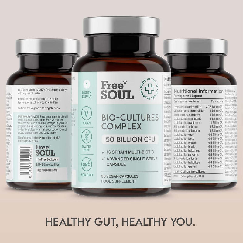 Super Strength 50 Billion CFU Advanced Pro Bio Cultures Complex with 16 Live Strains | Advanced Single Capsule Serving | Multi Strain Formula | Vegan Digestive Enzyme Supplement | UK Made - Free Soul - BeesActive Australia
