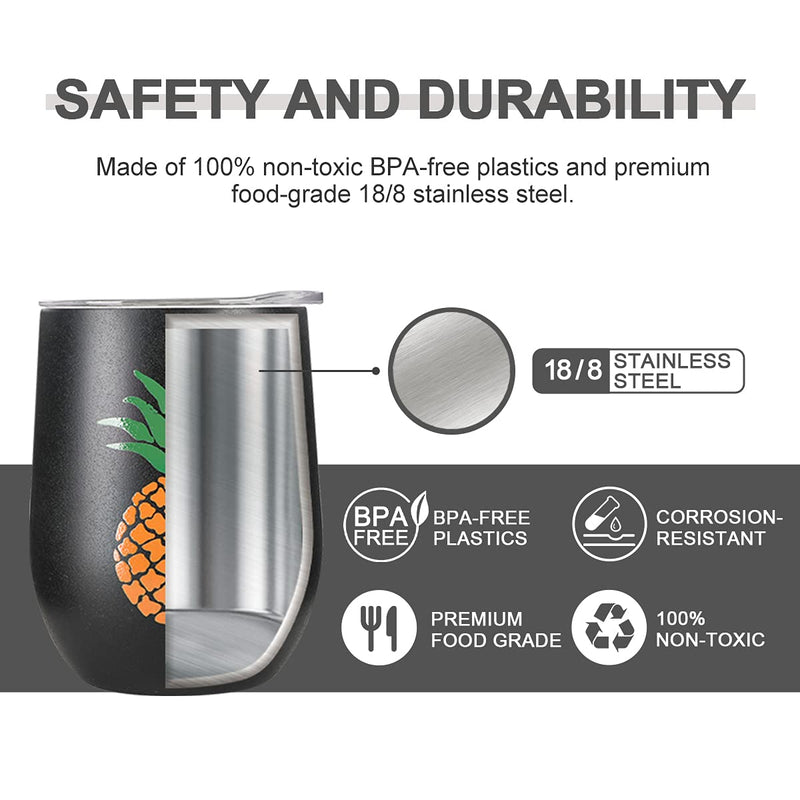 Life's Easy Stainless Wine Glass Tumbler with Lid - 12oz. Wine Glass Tumbler - Vacuum Insulated Travel Wine Tumbler with Lid - Travel Wine Tumbler - 18/8 Stainless Steel - Set of 1 - Black Pineapple - BeesActive Australia