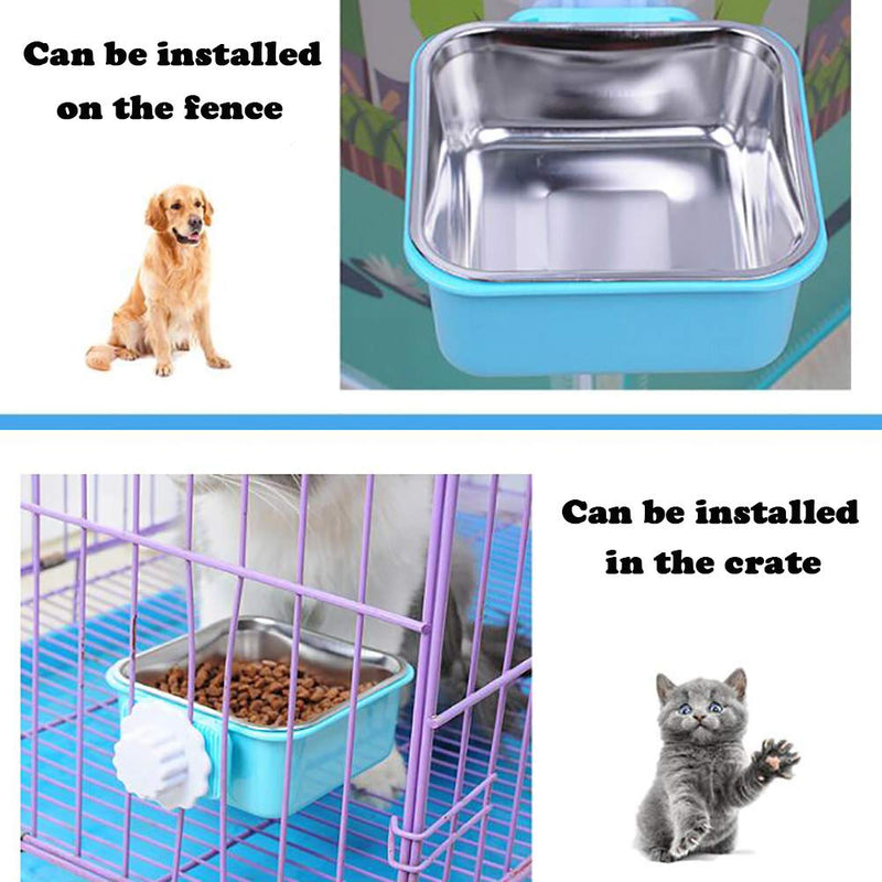 Crate Dog Cat Bowls, Removable Stainless Steel Hanging Pet Cage Bowls Kennel, Food Water Feeder Bowls with Bolt Holder for Puppy Cat Rabbite Birds Small (Pack of 1) Blue Square - BeesActive Australia