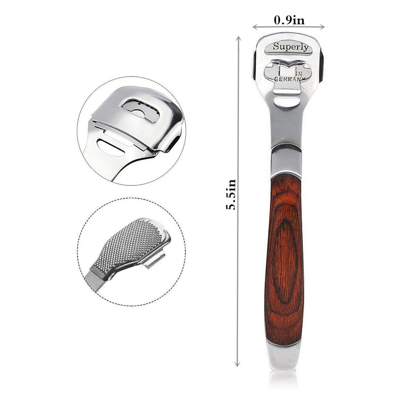 BEINY Stainless Steel Callus Shaver Pedicure Dead Hard Skin Remover Heel Razor Wooden Handle Cutter with Skin Rub & 10 blades for Foot Care, Removing Solid, Cracked Skin Cells - BeesActive Australia