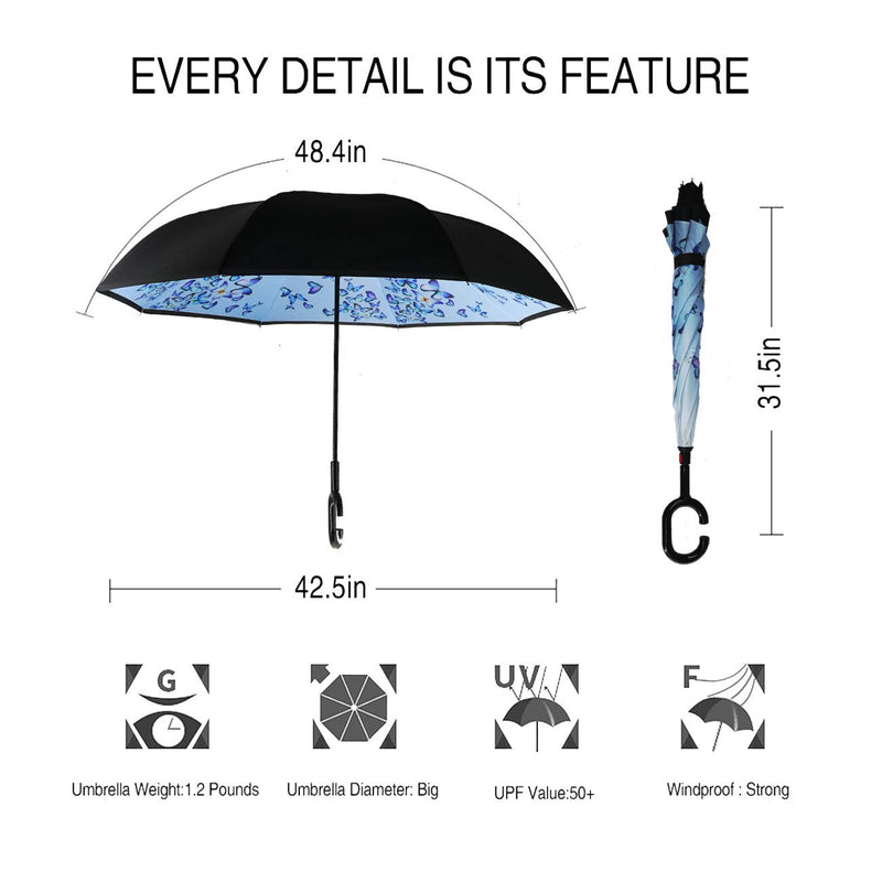 MRTLLOA Double Layer Inverted Umbrella with C-Shaped Handle, Anti-UV Waterproof Windproof Straight Umbrella for Car Rain Outdoor Use (N-Orchid Butterfly) N-Art Butterfly - BeesActive Australia