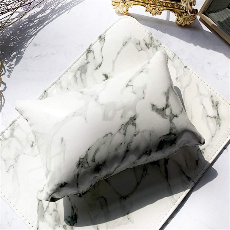 ONNPNN Nail Art Hand Pillow Arm Wrist Rest Holder Pad, Marble Pattern PU Leather Nail Cushion Foldable Table Mat, Professional Trainer Practice Nails Salon Tool for Manicure Care Accessories, White - BeesActive Australia