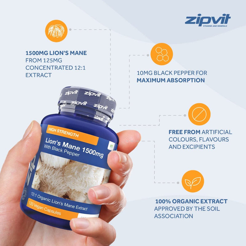 Organic Lions Mane Capsules 1500mg - 120 Vegan Lions Mane Supplement Capsules. Lions Mane Mushroom with Organic Black Pepper For Focus - BeesActive Australia