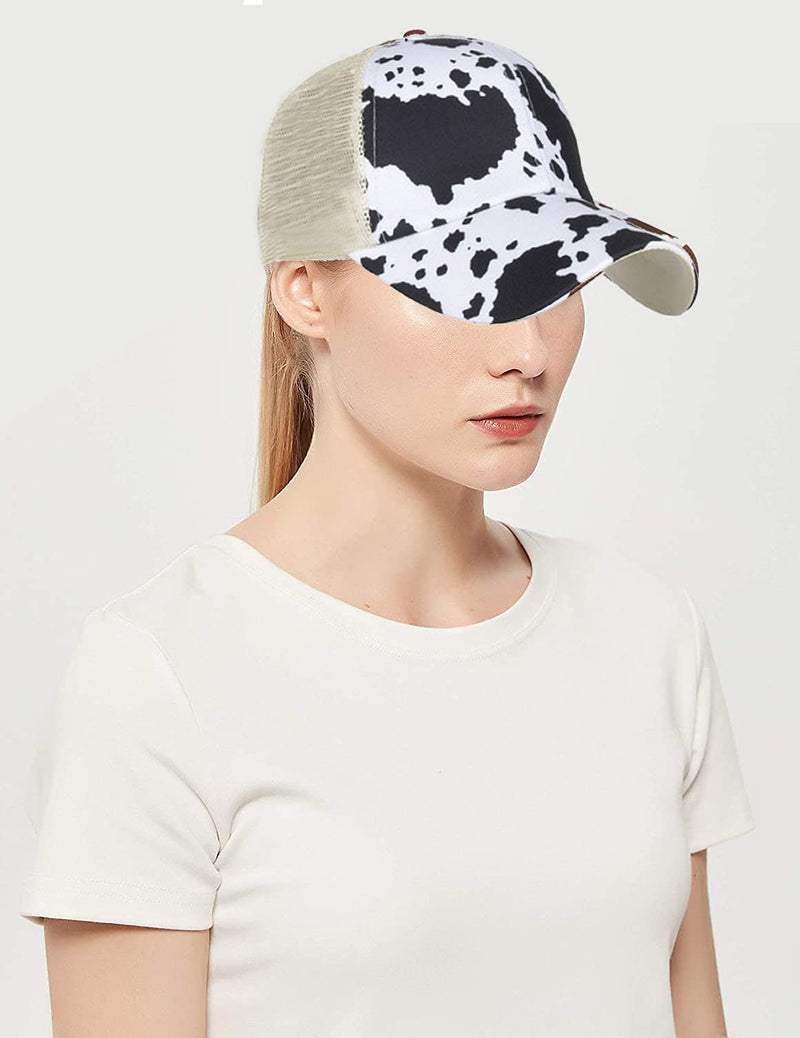 Womens Cow Print Baseball Cap Unisex Adjustable Baseball Hat Casual Cotton Sun Hats for Teen Girls Mesh (Cow White) - BeesActive Australia