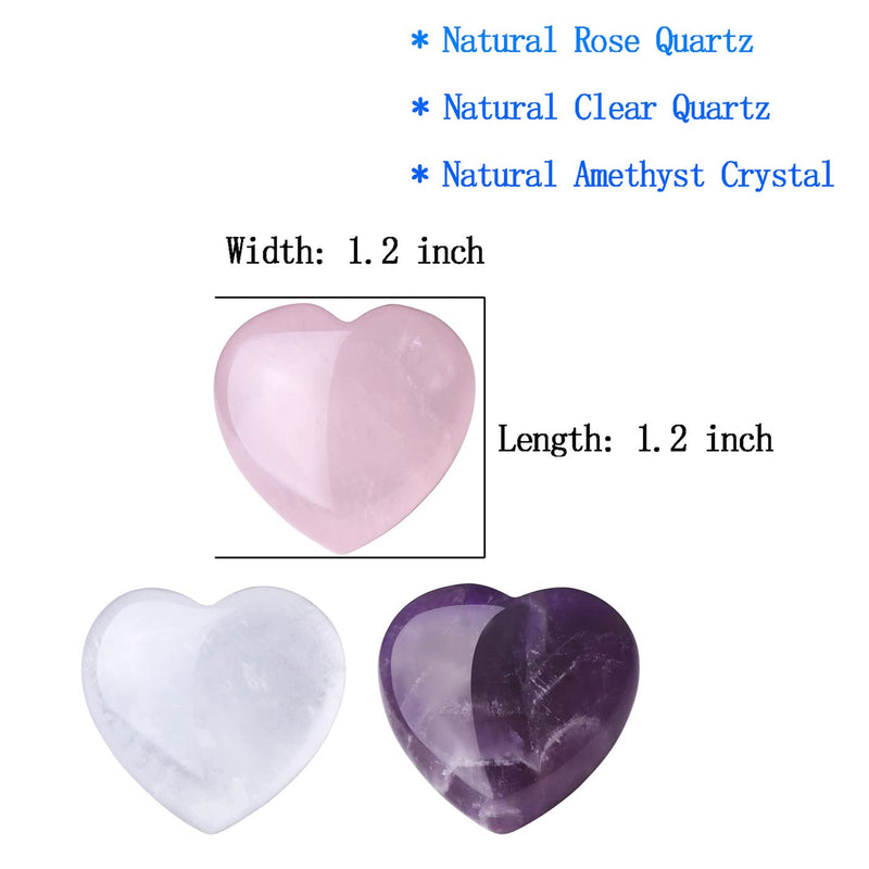 XIANNVXI 3Pcs Amethyst Rose Quartz Clear Quartz 30mm Natural Healing Crystal Heart Stones Set Polished Love Palm Pocket Gemstones for Chakra Reiki Lover Mothers Day Gifts A - Amethyst,rose Quartz,clear Quartz - BeesActive Australia