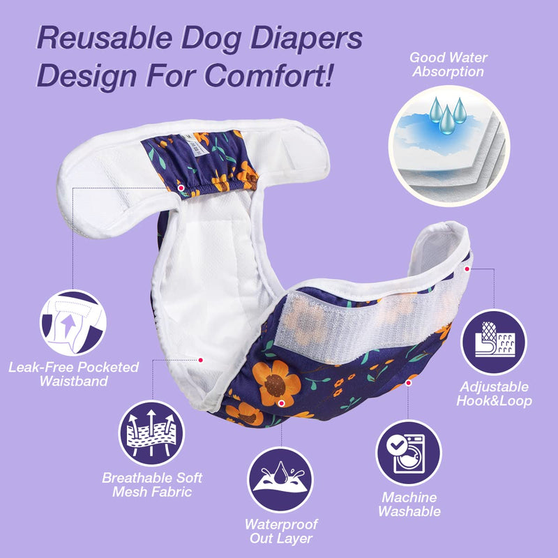 Pet Soft Washable Female Diapers (3 Pack) – Female Dog Diapers, Comfort Reusable Doggy Diapers for Girl Dog in Period Heat Cute Flowers Small:10''-14'' - BeesActive Australia