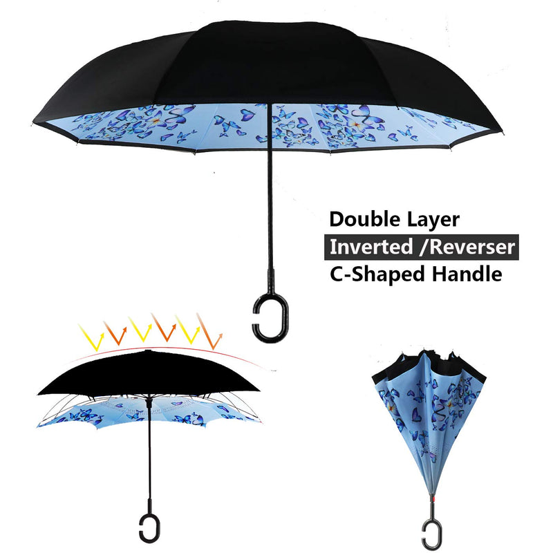MRTLLOA Double Layer Inverted Umbrella with C-Shaped Handle, Anti-UV Waterproof Windproof Straight Umbrella for Car Rain Outdoor Use (N-Orchid Butterfly) N-Art Butterfly - BeesActive Australia
