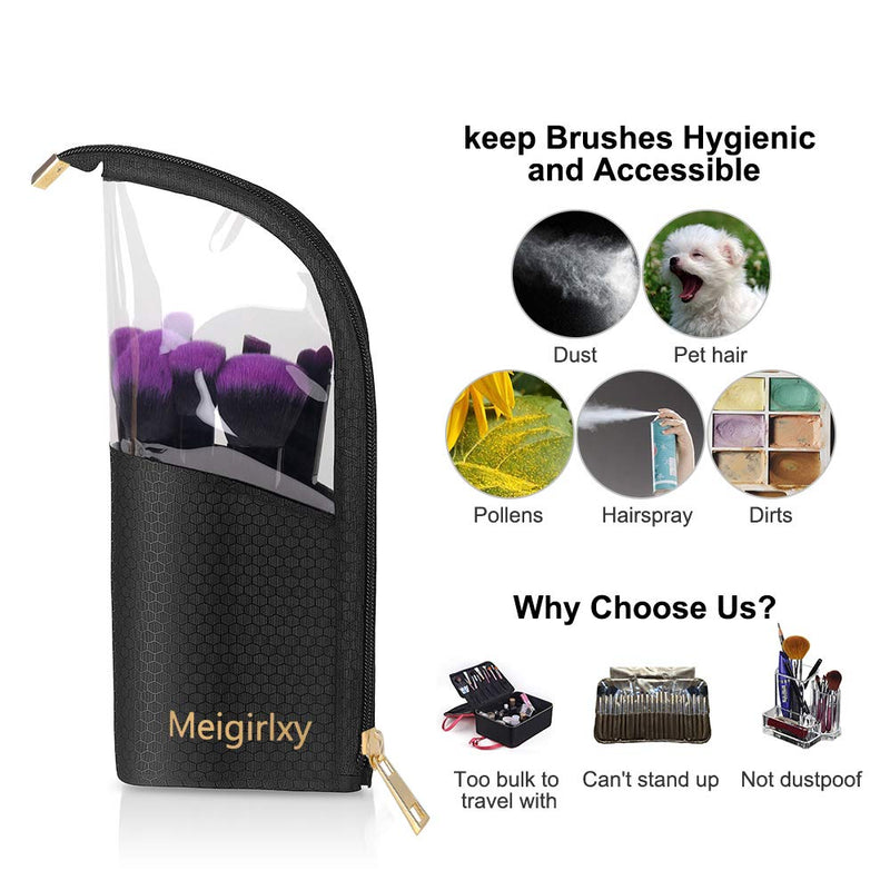 Makeup Brush Holder, Meigirlxy Travel Makeup Brush Organizer Case, Clear Plastic Cosmetic Zipper Pouch with Divider Black & Clear - BeesActive Australia