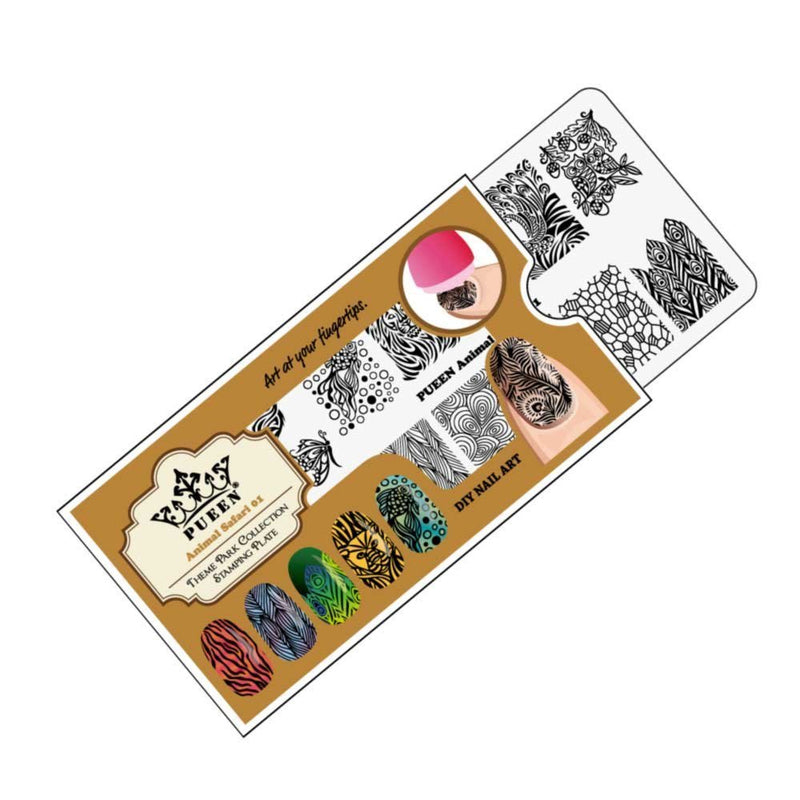 PUEEN Nail Art Stamping Plate - Animal Safari 01 - Theme Park Collection 125x65mm Unique Nailart Polish Stamping Manicure Image Plates Accessories Kit - BH000713 - BeesActive Australia