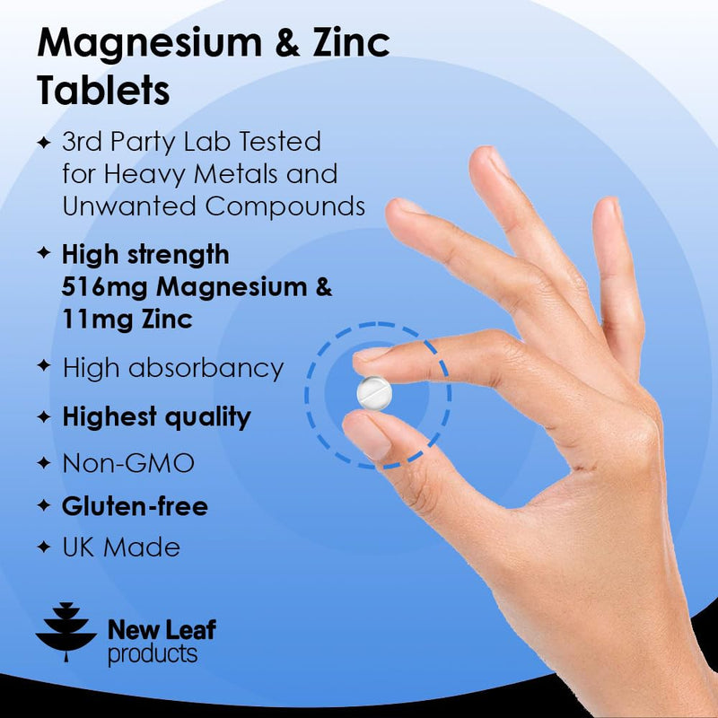 Magnesium Supplements 516mg - 120 Magnesium Tablets Supports Muscle Bone Health, Energy - High Strength Magnesium and Zinc Supplements Easy to Swallow Sleep Supplement (not Capsules) Vegan, UK Made 120 Count (Pack of 1) - BeesActive Australia
