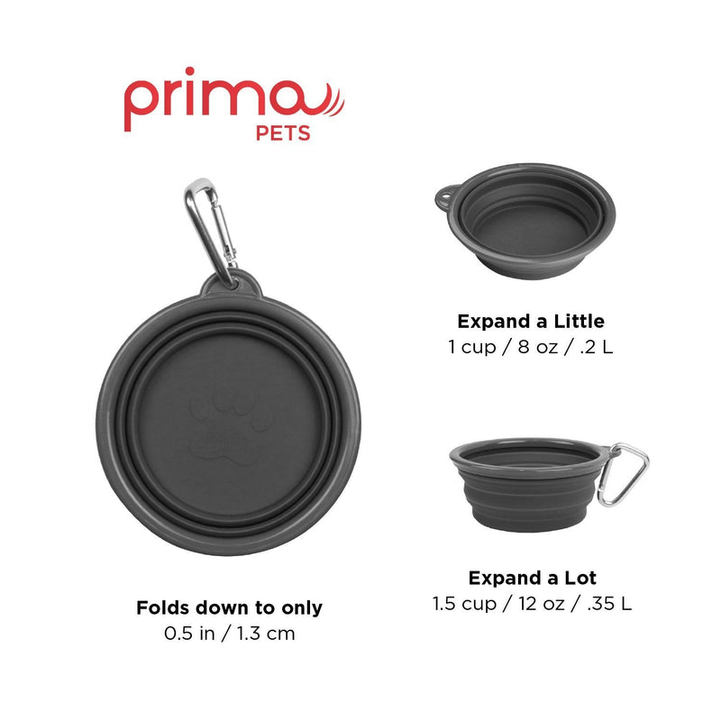 Prima Pets Collapsible Silicone Food & Water Travel Bowl with Clip for Dog and Cat: Small (1.5 Cups) + Bottle Holder, Gray GREY - BeesActive Australia