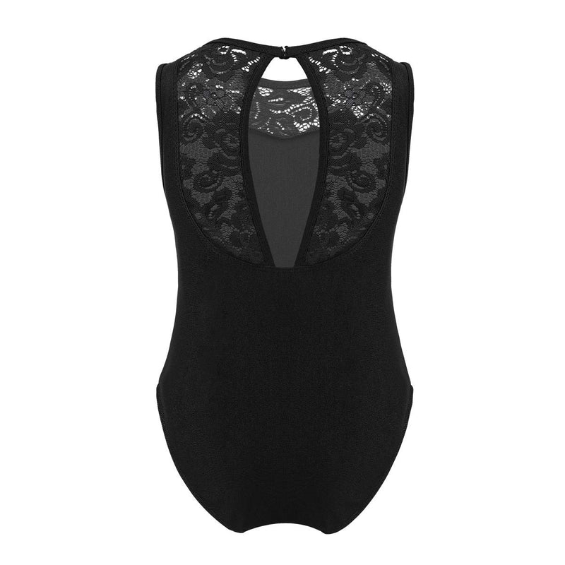 [AUSTRALIA] - renvena Kids Girls Classic Ballet Dance Leotard Gymnastic Active Sleeveless Floral Lace Splice Keyhole Back Bodysuit Black 10-12 