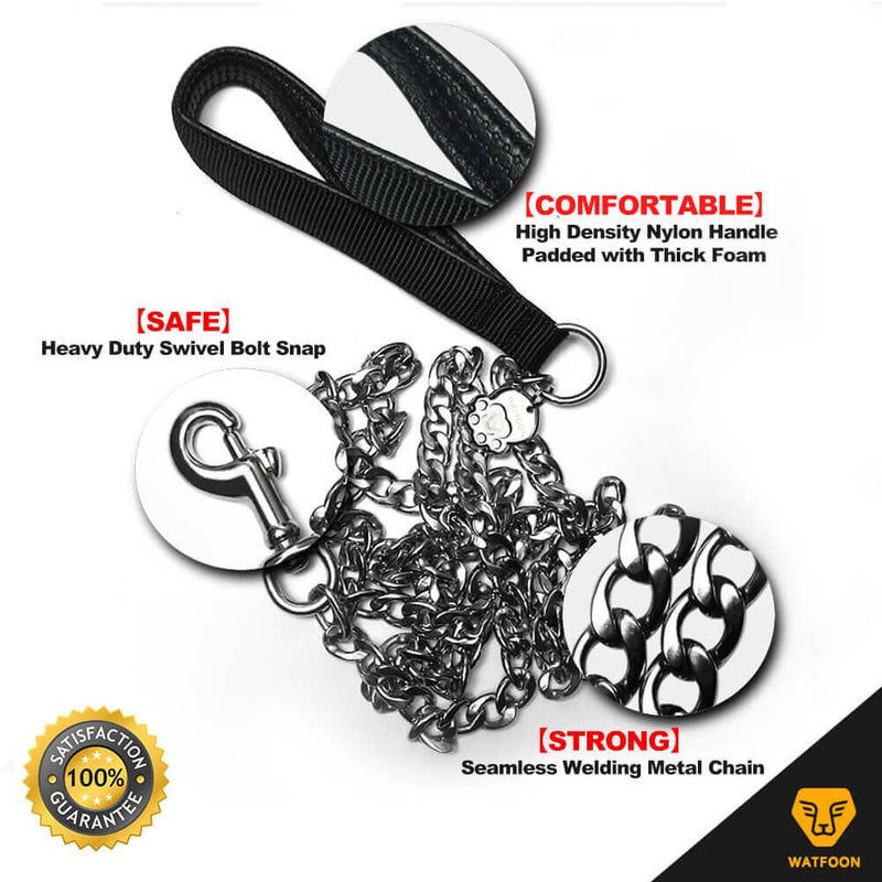 WATFOON Premium Extra Heavy Duty Dog Chain Leash,Perfect Metal Dog Leashes with Soft Padded Leather Handle for Large & Medium Size Pets Walking,Traffic Training and Traveling Black - BeesActive Australia