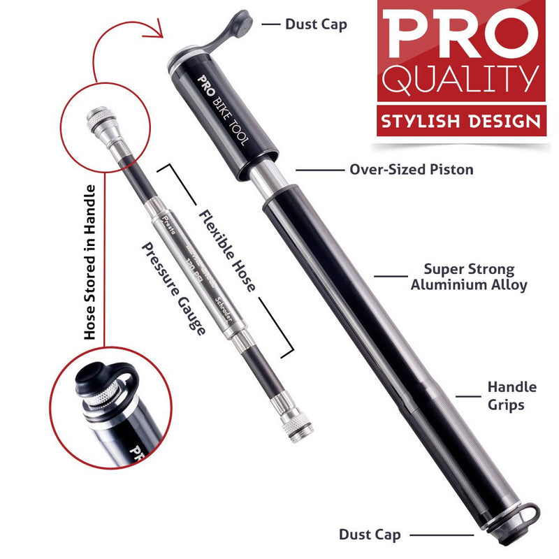 PRO BIKE TOOL Bike Pump with Gauge Fits Presta and Schrader - Accurate Inflation - Mini Bicycle Tire Pump for Road, Mountain and BMX Bikes, High Pressure 100 PSI, Includes Mount Kit Black - BeesActive Australia
