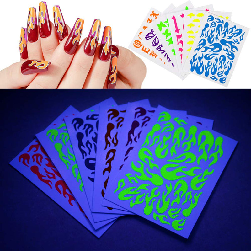 DAGEDA 18 PCS Luminous Nail Stickers, Fluorescence Fire Flame Butterfly Nail Tape Adhesive Foils DIY Decoration Nail Decals Decoration, Nail Art Stickers Luminous Fire - BeesActive Australia