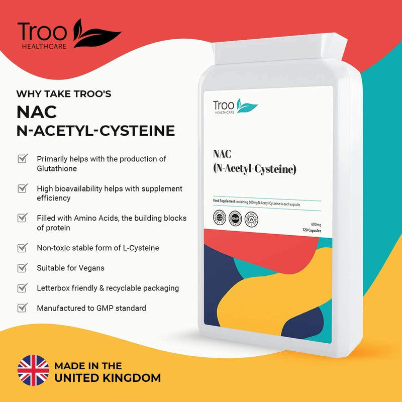 Troo NAC Supplement 600mg - 120 Capsules - N Acetyl Cysteine Amino Acid Providing Non Toxic Stable Form of L-Cysteine - UK Manufactured to GMP Standards - BeesActive Australia