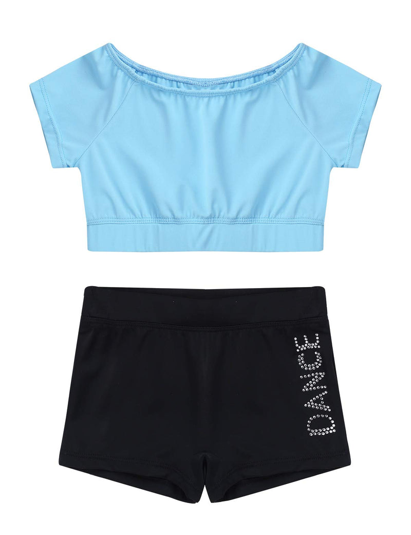 [AUSTRALIA] - winying Girls 2PCS Dance Sports Outfit Short Sleeves Crop Top with Letters Printed Shorts Set Light_blue 8-10 