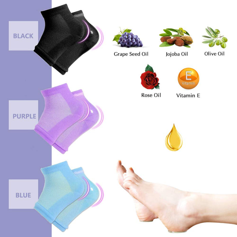 Moisturizing Socks, 3 Pairs-Moisturizing/Gel Heel Socks for Dry Cracked Heels, Open Toe Socks, Ventilate Gel Spa Socks to Heal and Treat Dry, Gel Lining Infused with Vitamins (Blue, Purple, Black) Blue, Purple, Black - BeesActive Australia