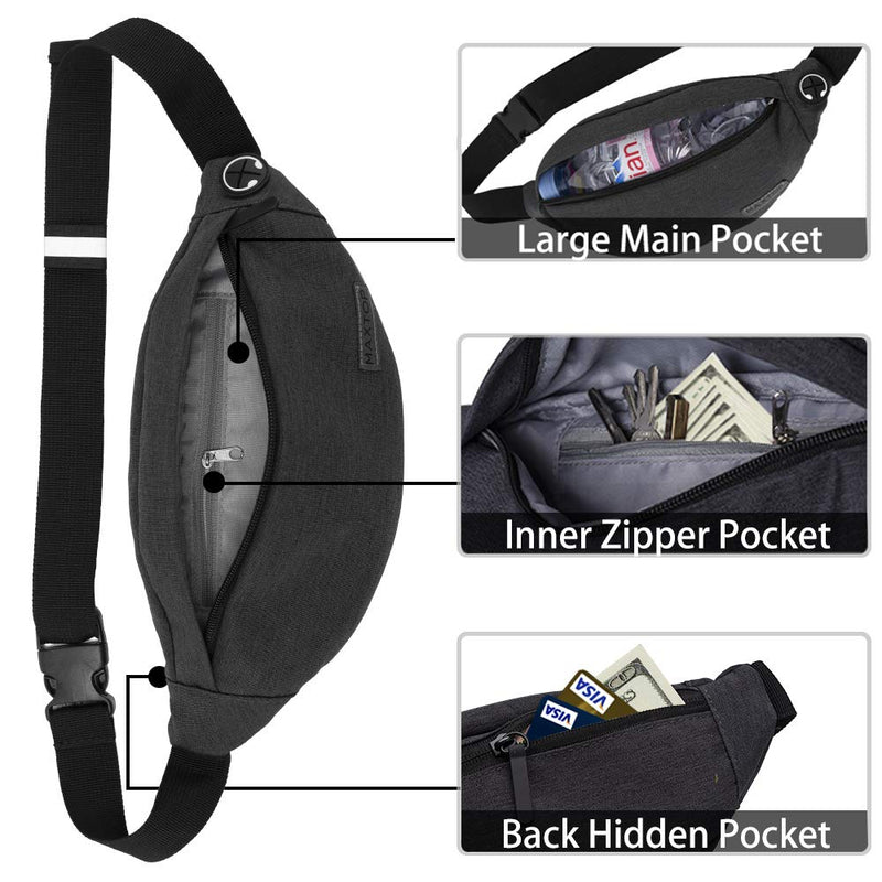 MAXTOP Fanny Pack for Men Women Waist Pack Bag with Headphone Jack and 3-Zipper Pockets Adjustable Straps Dark Grey Medium - BeesActive Australia